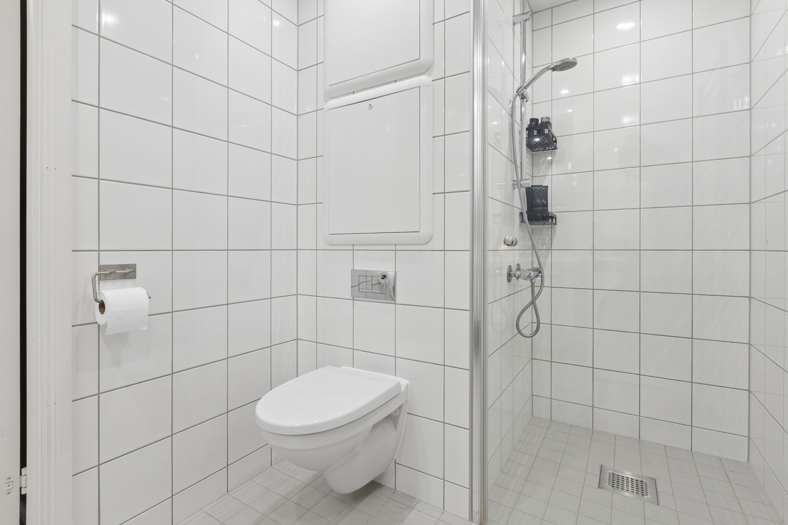 Badet er også utstyrt med vegghengt toalett og en egen dusjnisje. Galleribilde