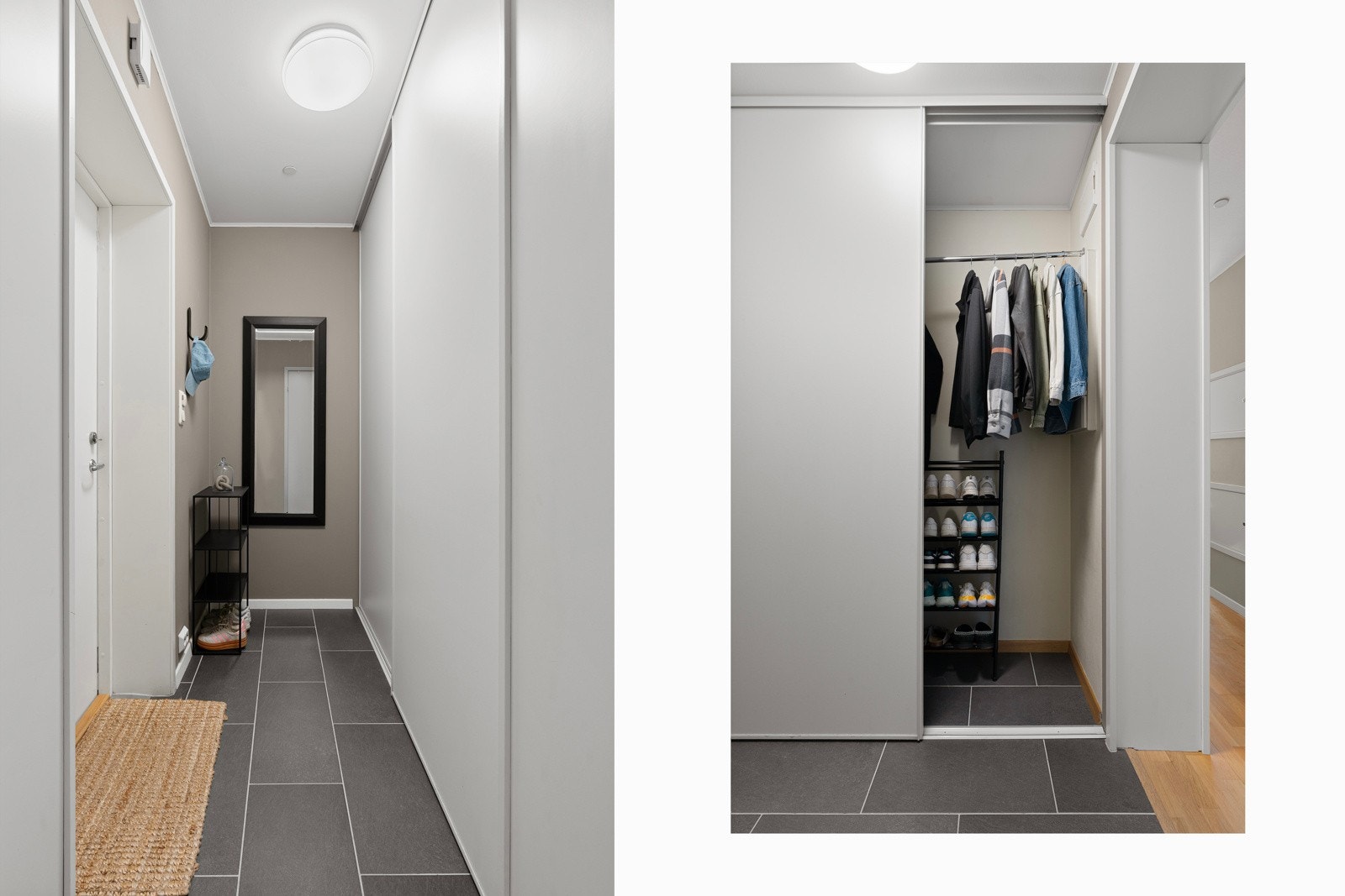 Gang med stor skyvedørsgarderobe.