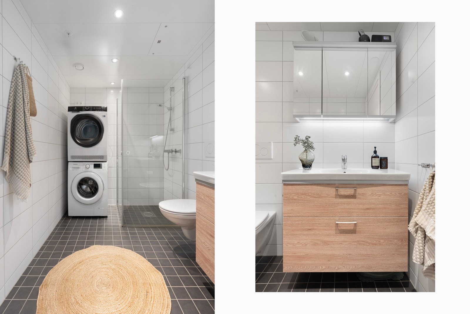 Innredningen sikrer mye oppbevaringsplass samt overspeilskap med belysning.