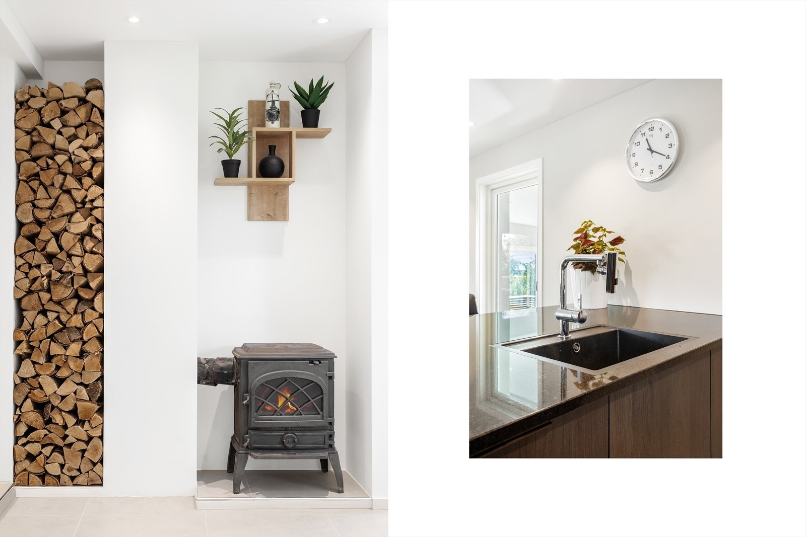 Moderne og gjennomført med innfelt peisovn og stilrene materialvalg. Galleribilde