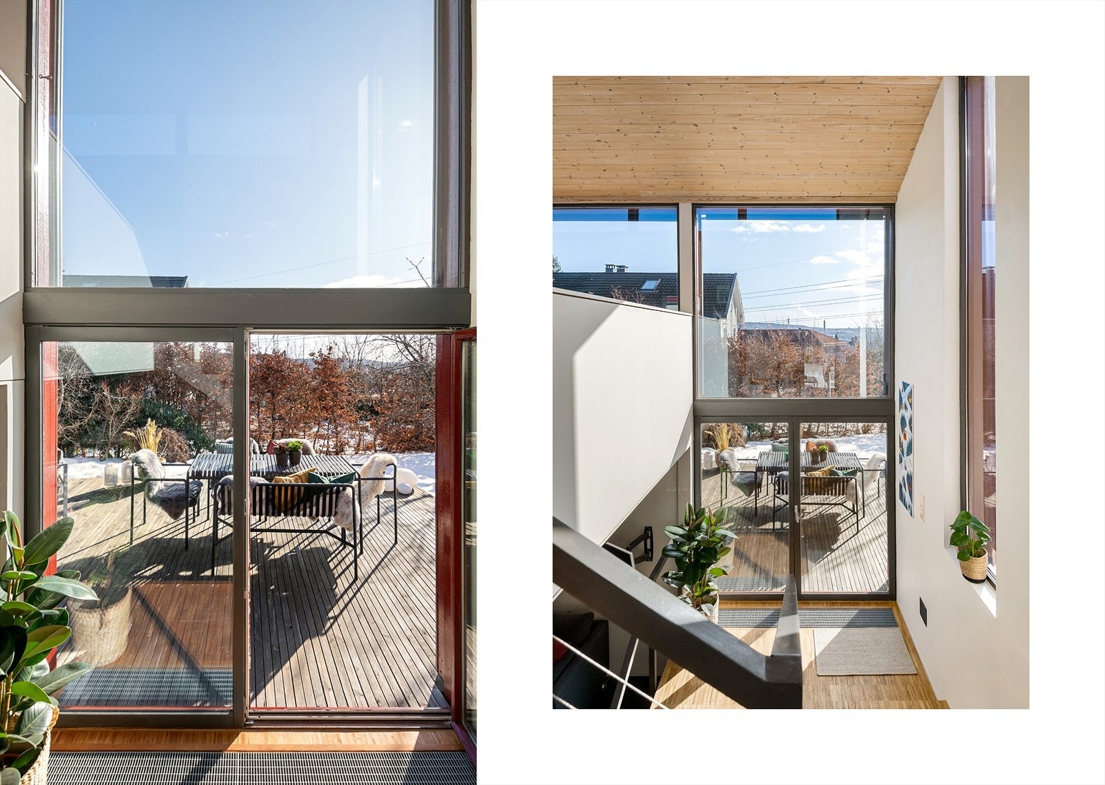 Trapperommet binder etasjene sammen og har samtidig utgang til terrasser i ulike retninger, noe som gir gode uteplasser og naturlig forbindelse mellom ute og inne. Galleribilde