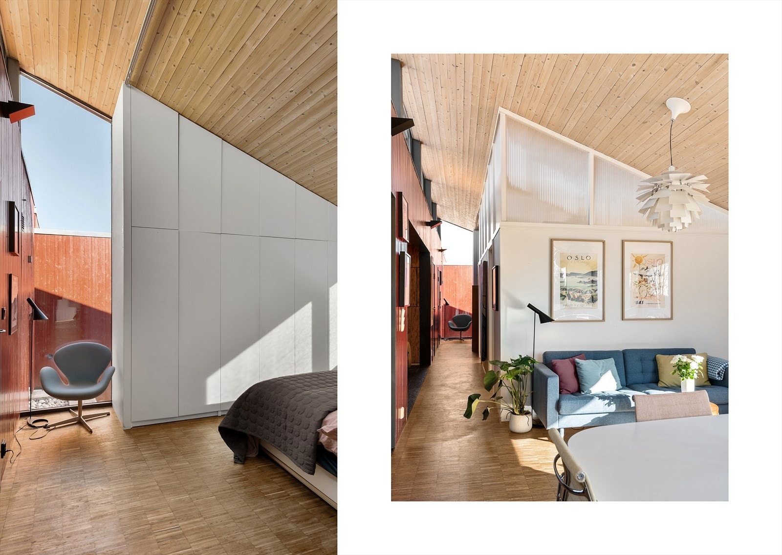 Fra oppholdsrommet beveger vi oss videre gjennom gangen som leder mot entré og boligens soveromsavdeling. Galleribilde