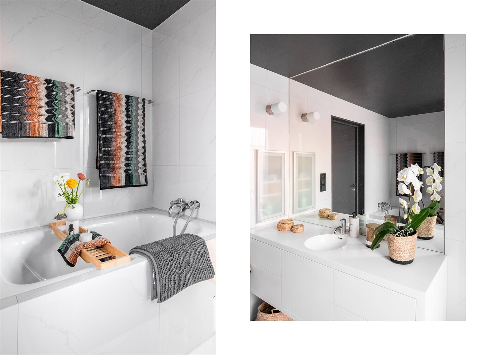 Badet er utstyrt med badekar, dusj, servantinnredning og vegghengt toalett. Galleribilde