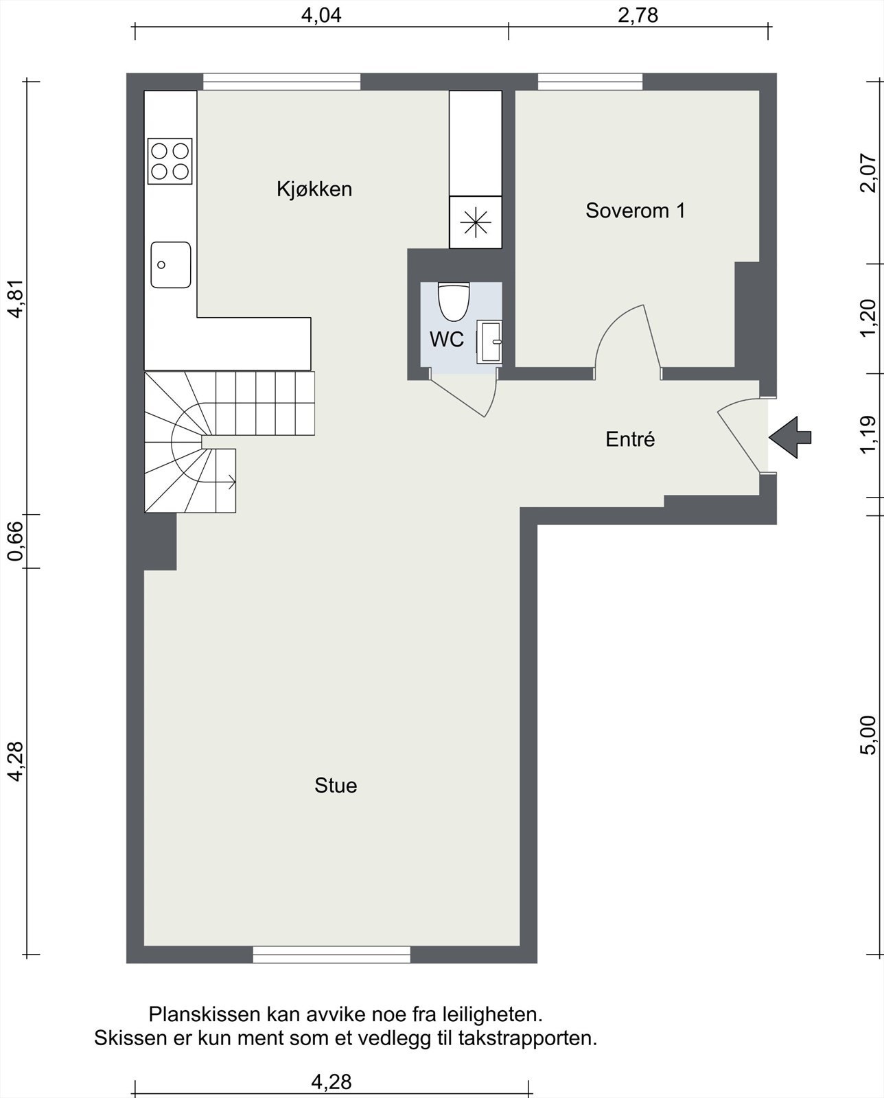 Leilighetens hovedetasje har en arealeffektiv planløsning med stue, kjøkken, soverom og toalettrom. Galleribilde