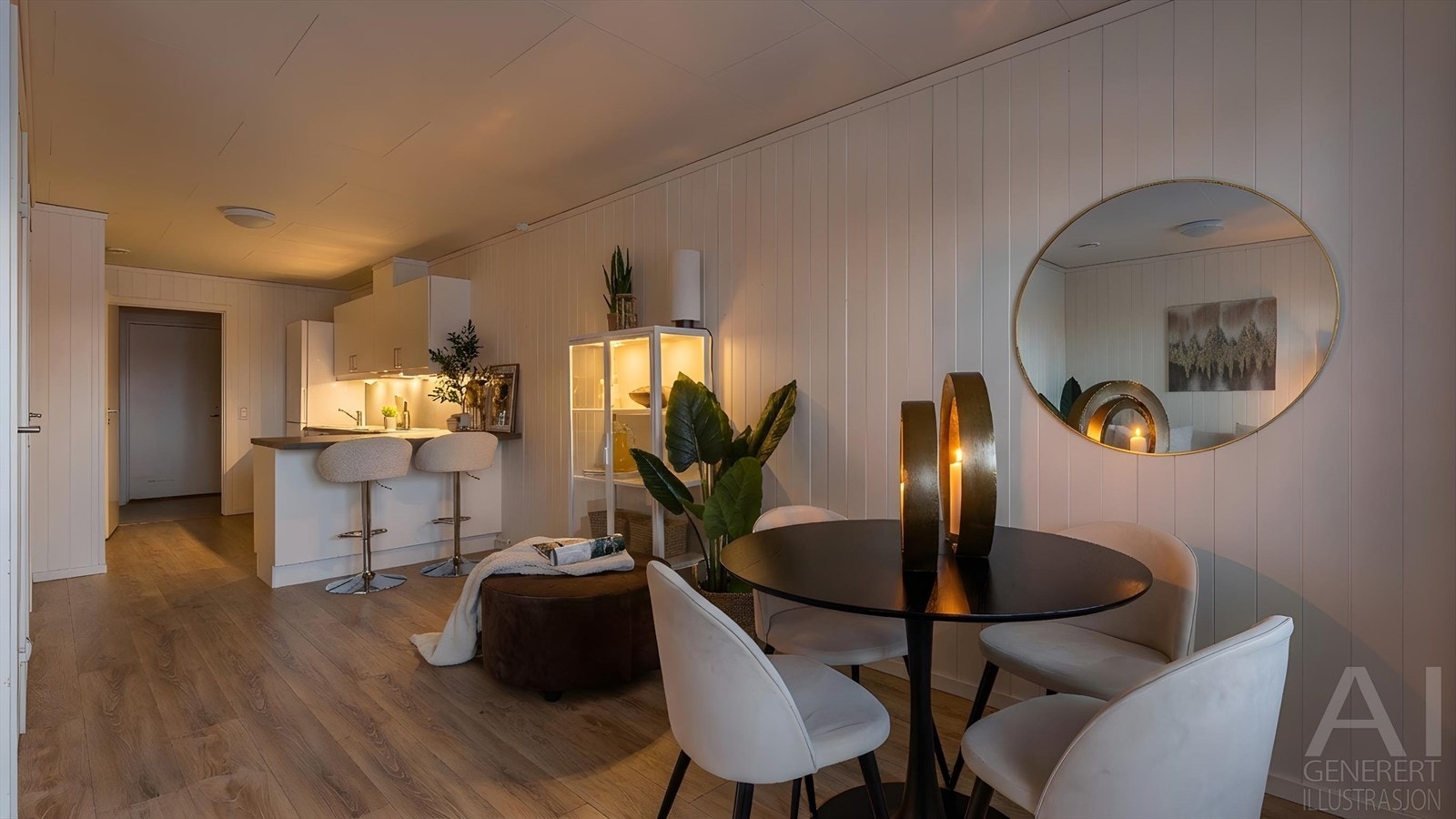 Leiligheten har en arealsmart planløsning med romslig kjøkken, fin stue, 2 soverom og innvendig bod Galleribilde