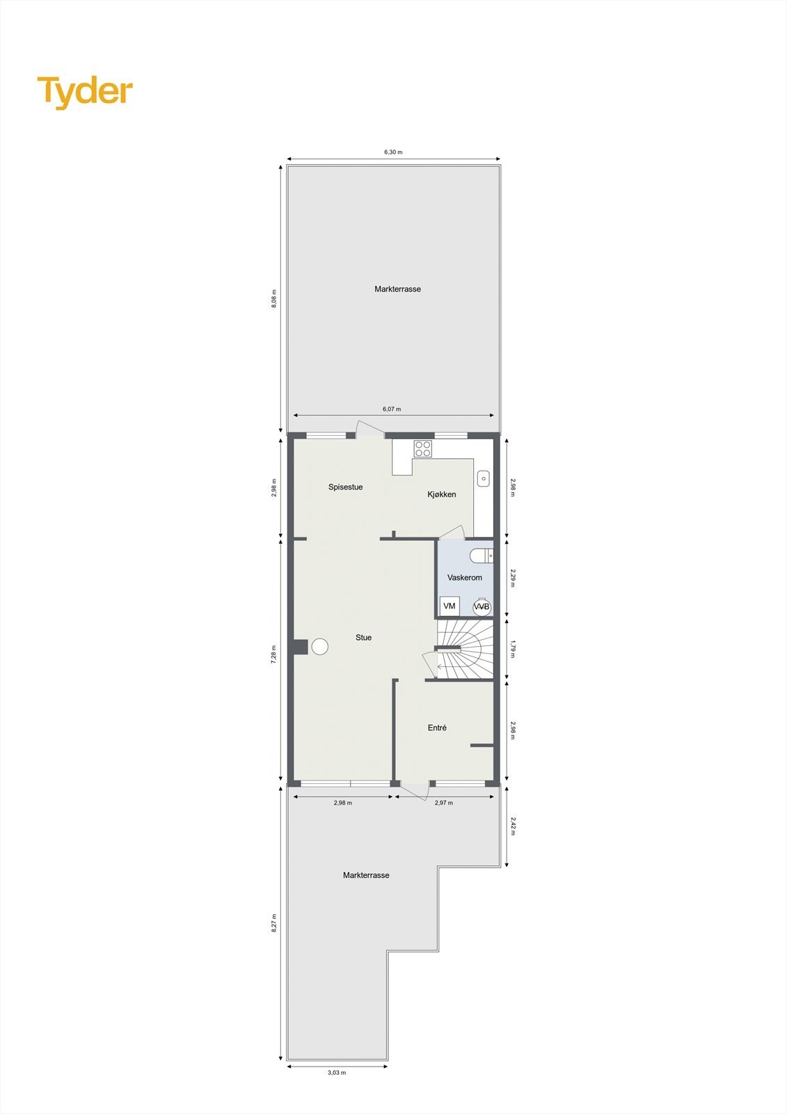 Plantegning 1.etasje - med terrassemål. Galleribilde
