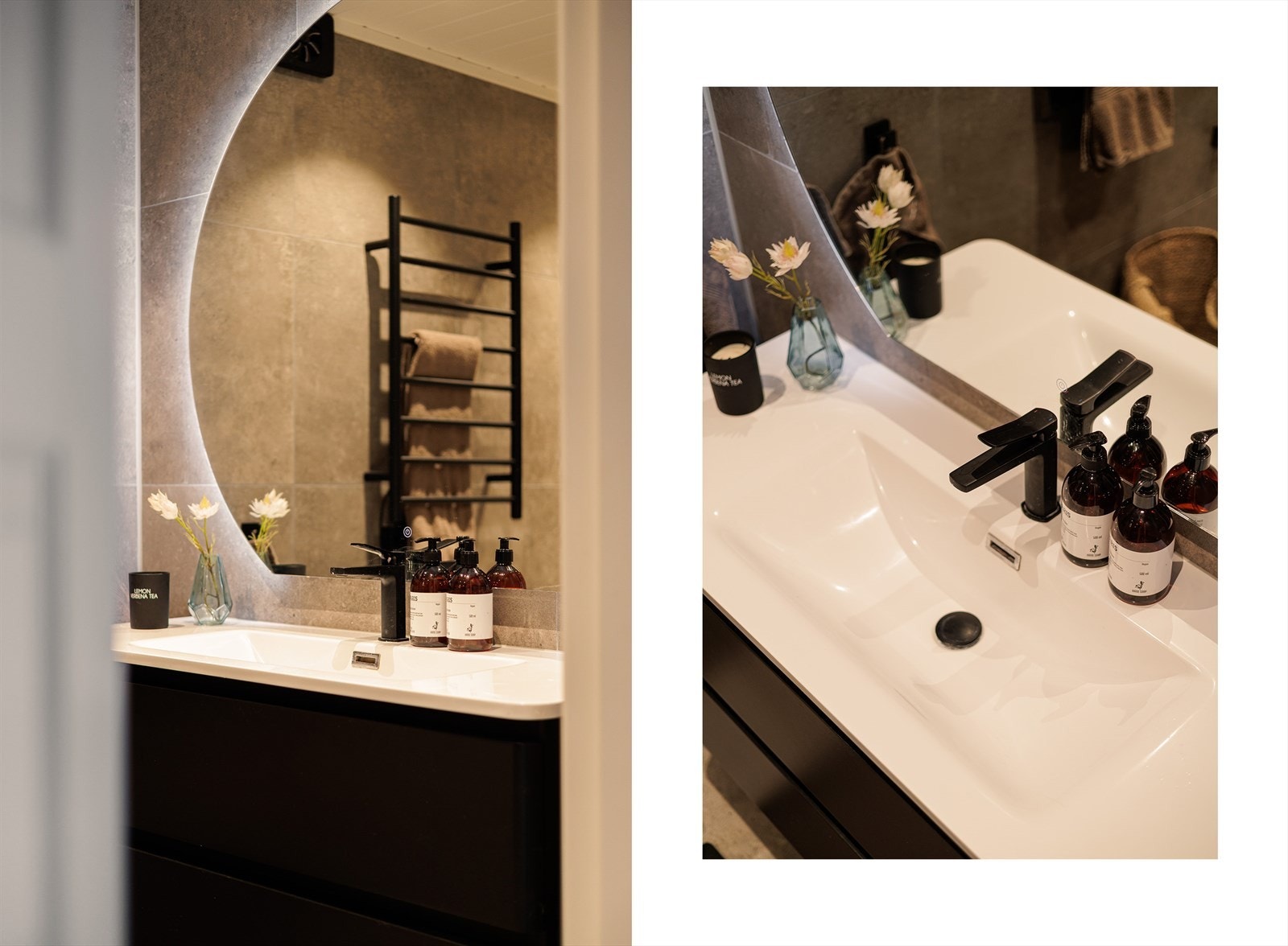 Rommet er flislagt og innredet med baderomsmøbel med glatte fronter, servant og veggmontert toalett med innebygget sisterne. Galleribilde