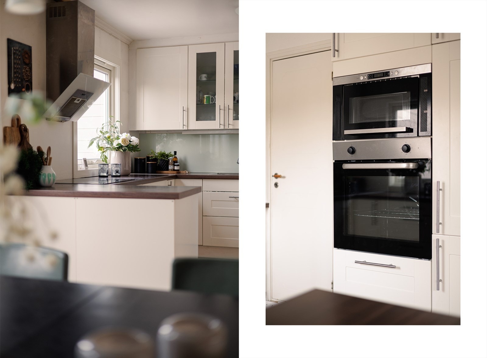 Integrerte hvitevarer bestående av induksjonstopp, stekeovn, oppvaskmaskin, mikrobølgeovn samt kjøl- og fryseskap bidrar til et helhetlig og ryddig uttrykk. Galleribilde