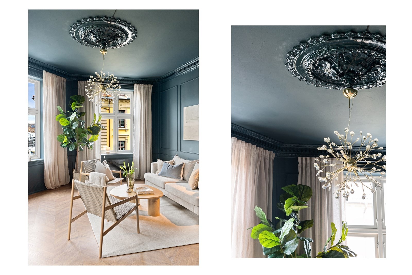 Rommet preges av klassiske detaljer som rosett, stukkatur og brystninger, som gir et elegant preg. Galleribilde