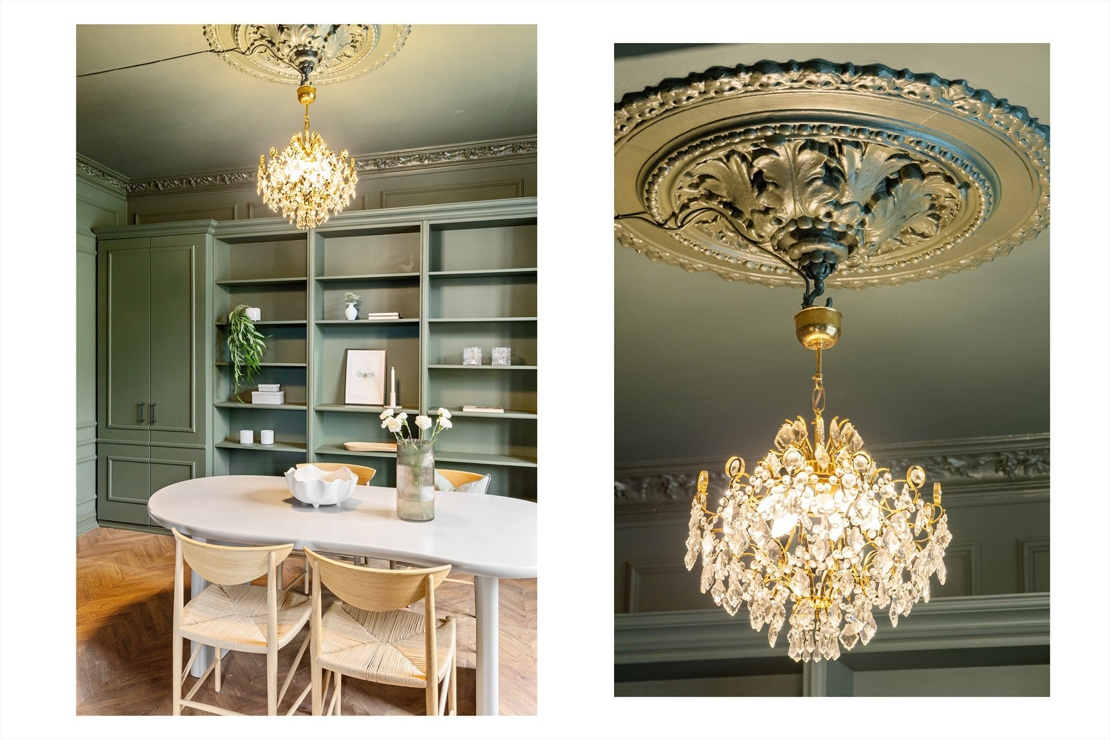 Her finner du også en møbelsnekret skapløsning med god plass til pynt, oppbevaring og diverse. Rommet har flott stukkatur og en nydelig rosett. Galleribilde