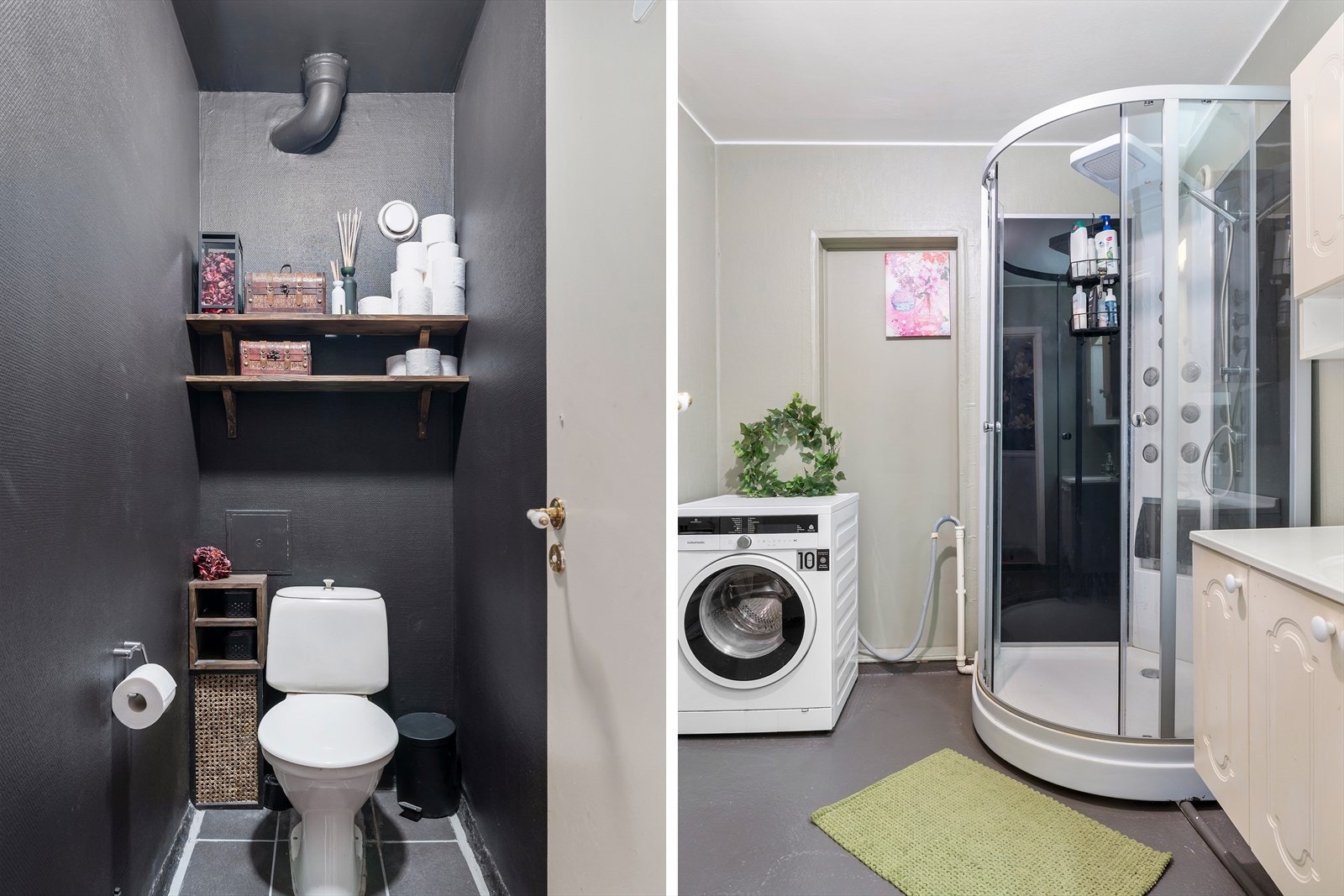 Badet har innredning med nedfelt vask, dusjkabinett og opplagt vann og opplegg for vaskemaskin. Det er eget toalettrom. Galleribilde