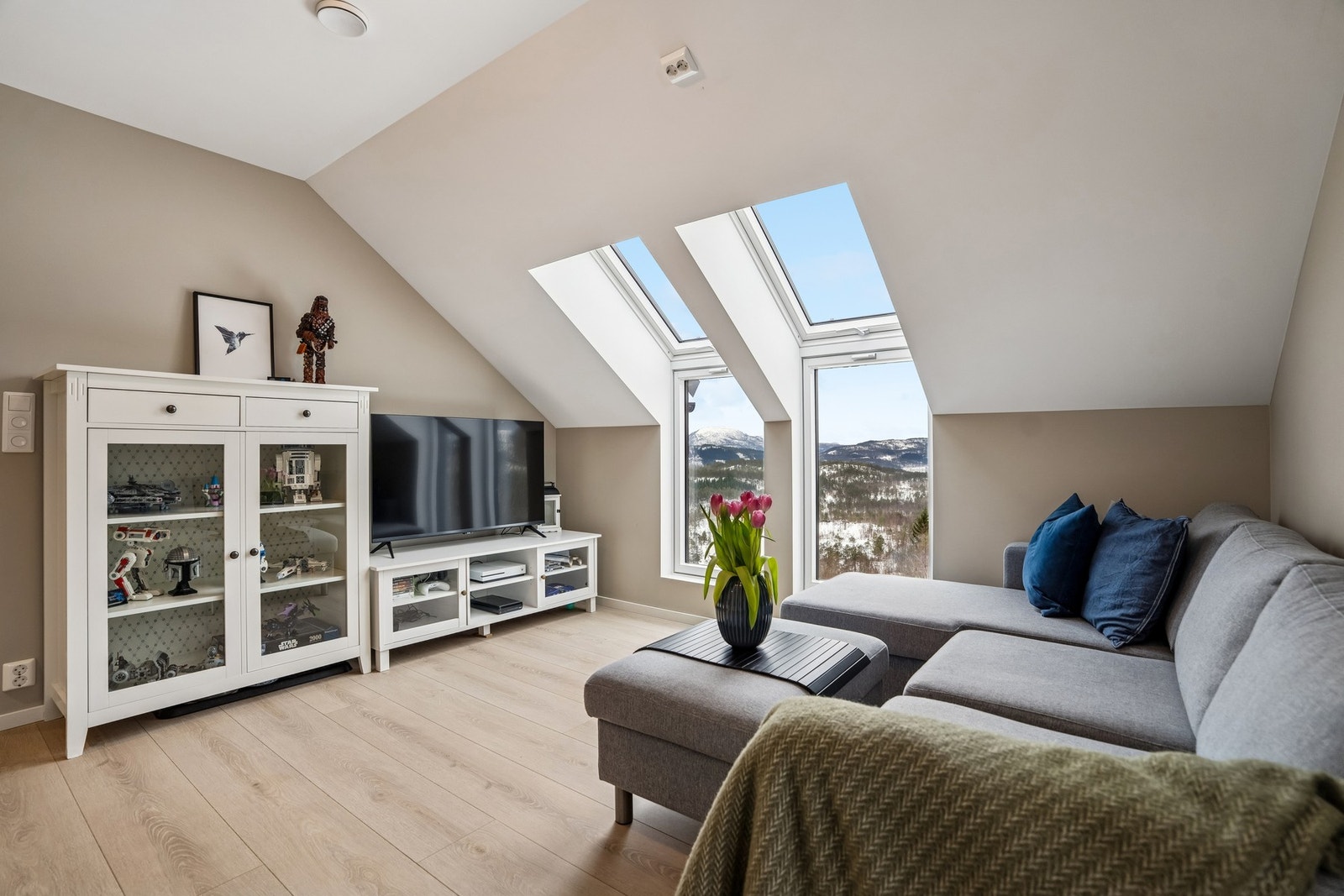 Oppvarming skjer blant annet med varmepumpe, vedfyring og gulvvarme i badene. Galleribilde