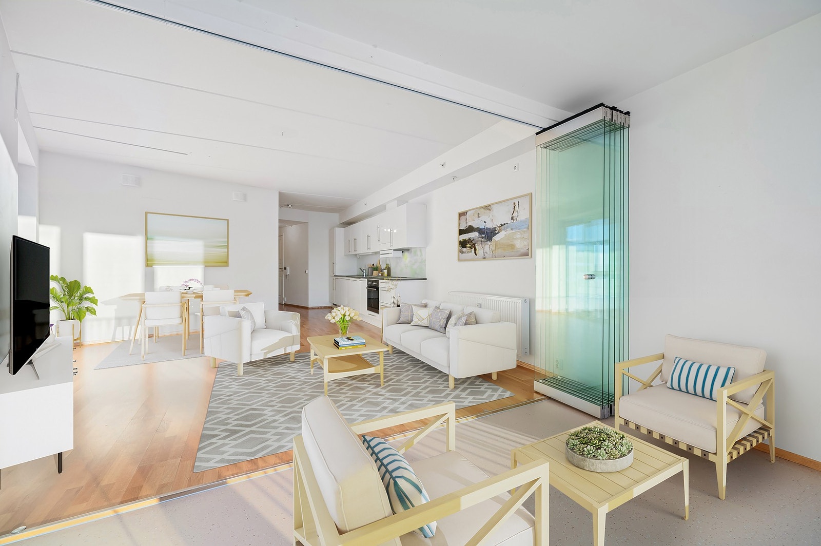 Stuen har en god og naturlig soneinndeling som gjør det enkelt å møblere med både sofagruppe og spiseplass. Bildet er virtuelt møblert. Galleribilde