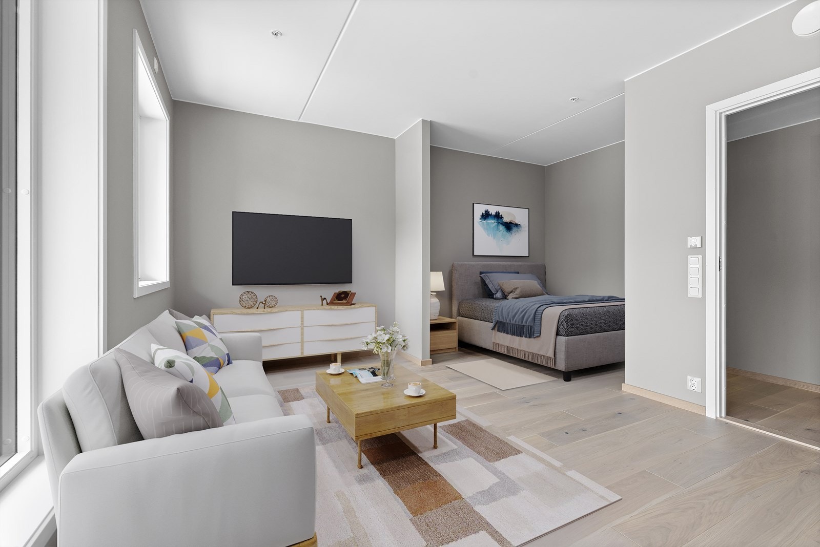 Leiligheten har en gjennomtenkt og funksjonell planløsning med åpen og sosial stue- og kjøkkenløsning, samt direkte utgang til en hyggelig balkong. Videre inneholder boligen sovealkove, bad og en innbydende entré Galleribilde