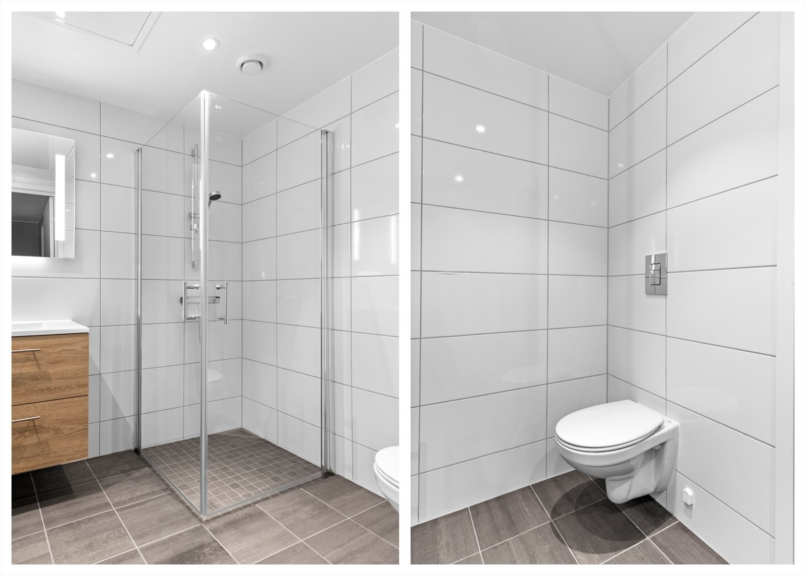 Badet er utstyrt med servant med innredning, vegghengt toalett og dusjhjørne med innfellbare glassdører. Moderne armaturer og praktisk baderomsinnredning med fulldempede skuffer Galleribilde