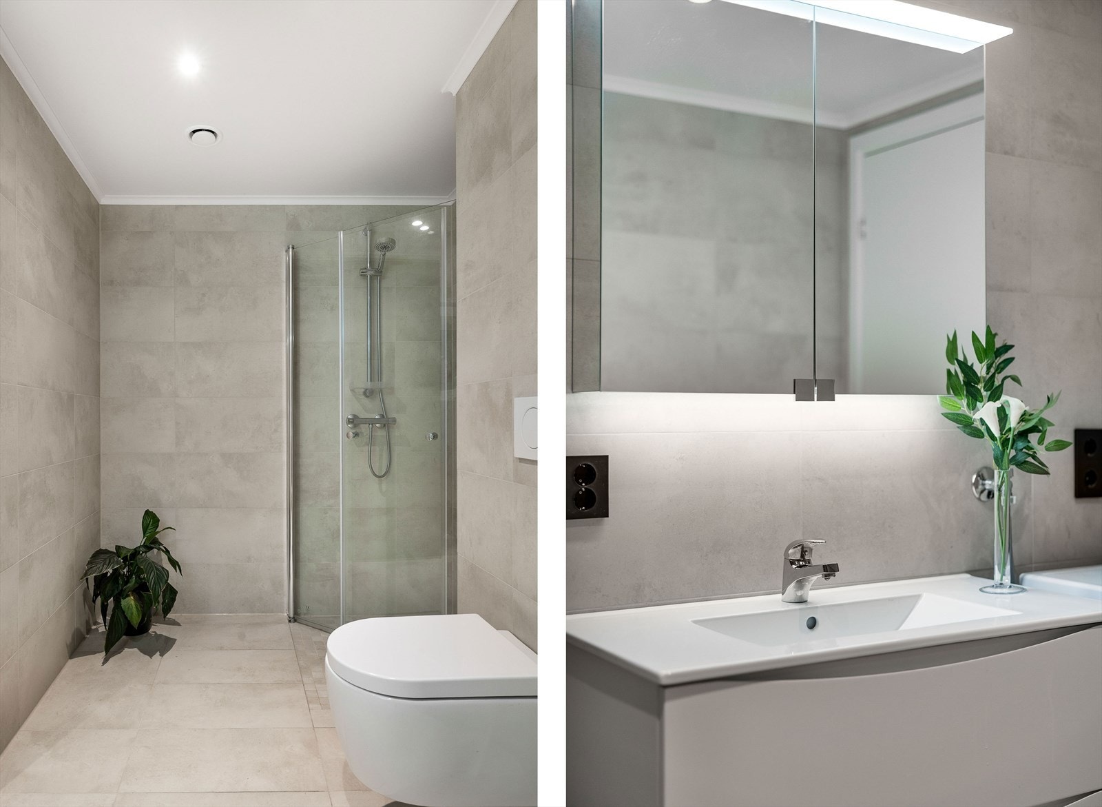 Badet er innredet med hvit servantinnredning, speilskap, vegghengt toalett og dusjhjørne med innfelte dusjvegger. Rommet har opplegg for vaskemaskin. Badet er fra Viking Bad. Galleribilde