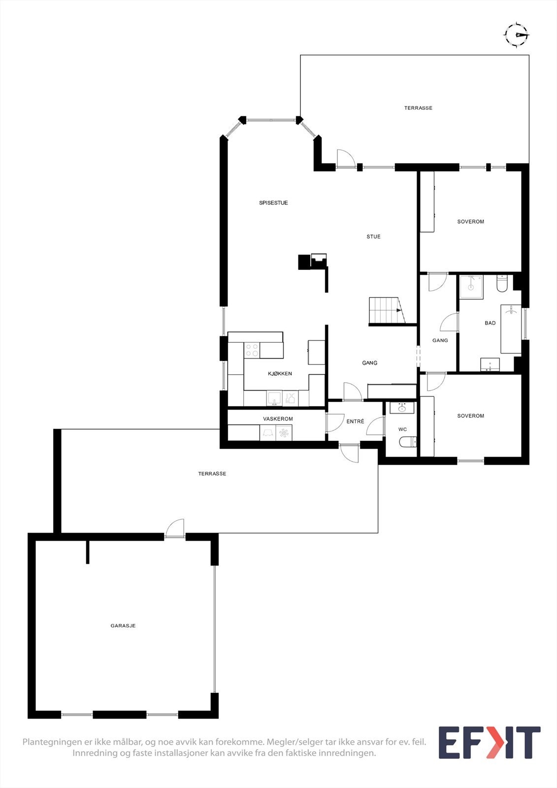 Første etasje har en familievennlig planløsning med åpen stue- og kjøkkenløsning, to soverom og bad. Galleribilde