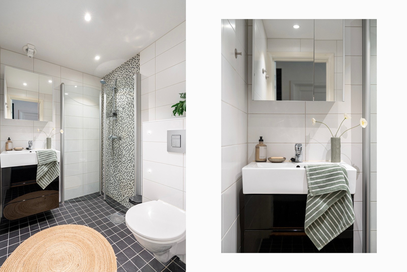 Flott flislagt bad med dusjhjørne.