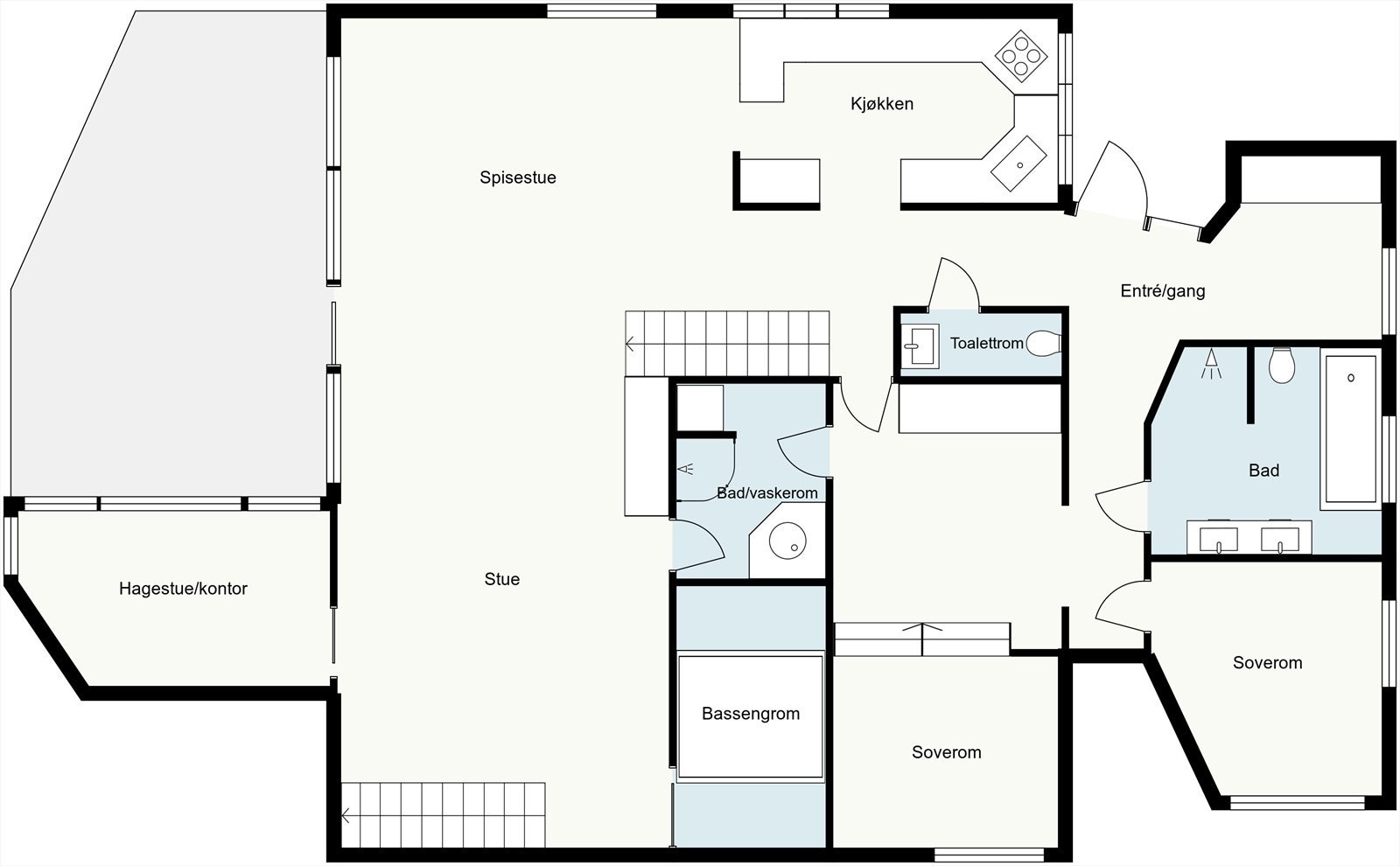 Plantegning 1. etasje. Plantegningen er ikke målbar og avvik og feil kan forekomme. Galleribilde