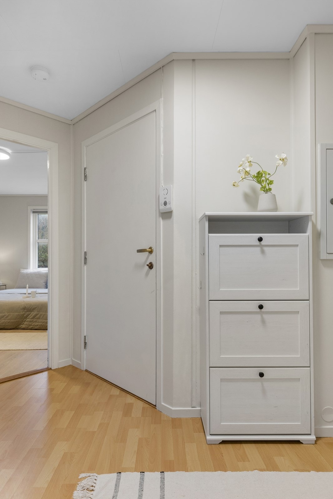 Lys og velkommen entré med plass til sko- og oppbevaringsmøbler. En praktisk inngangssone som gir et ryddig førsteinntrykk og god flyt videre inn i leiligheten. Galleribilde