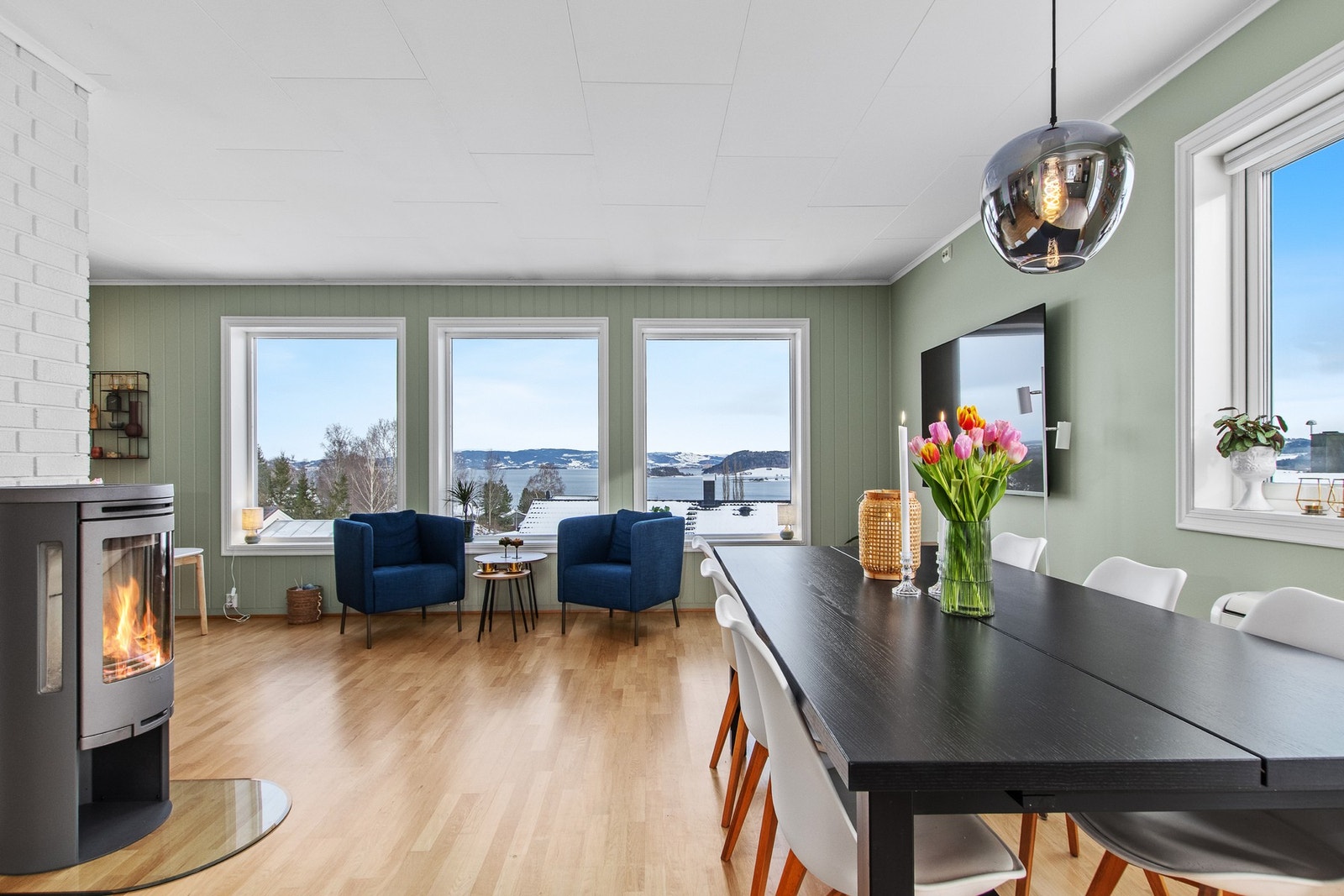 Fra stuen og spisestuen har man flott utsikt mot fjorden. Galleribilde