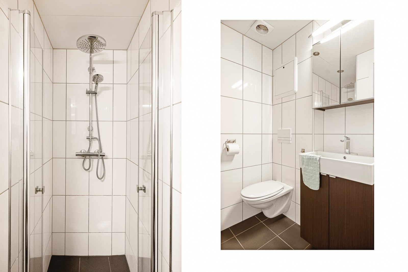 Leilighetens baderom er fra 2013 og er innredet med foldedører i dusj, veggtoalett og baderomsinnredning med heldekkende servant, samt belyst speil. Galleribilde