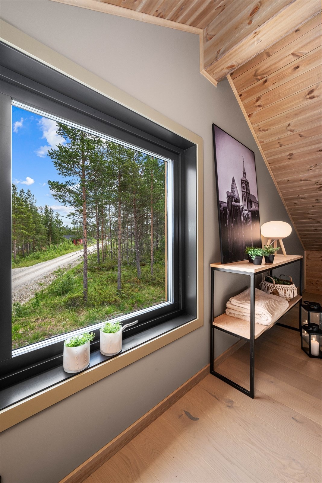 Hytta har fint utsyn over de skogkledde omgivelsene. Galleribilde