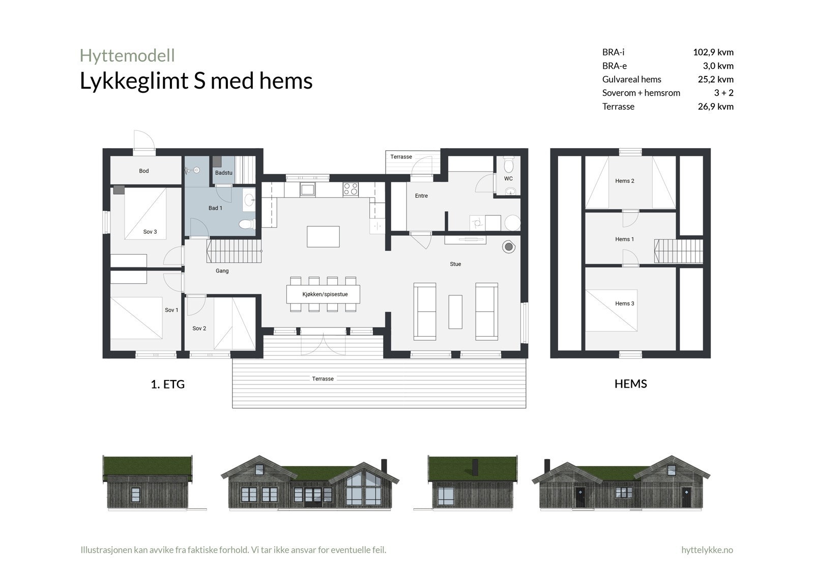 Plantegning - Lykkeglimt S har mulighet for hems som tilvalg som gjør den enda mer innholdsrik og gir hemsen et gulvareal på 25,2kvm Galleribilde