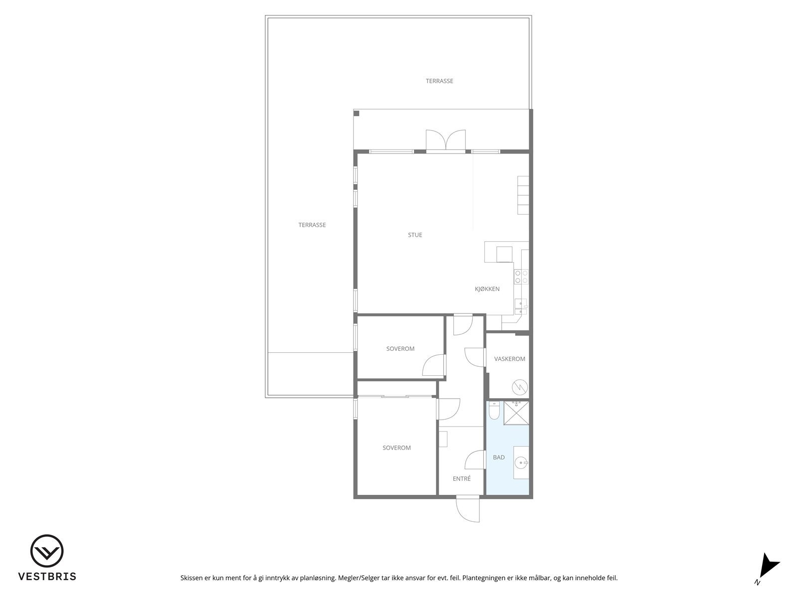Plantegning - Terrassedel mot øst er i følge seksjoneringen plassert på fellesareal. Dette ble gjort av utbygger i sin tid, men aldri formalisert riktig. Galleribilde