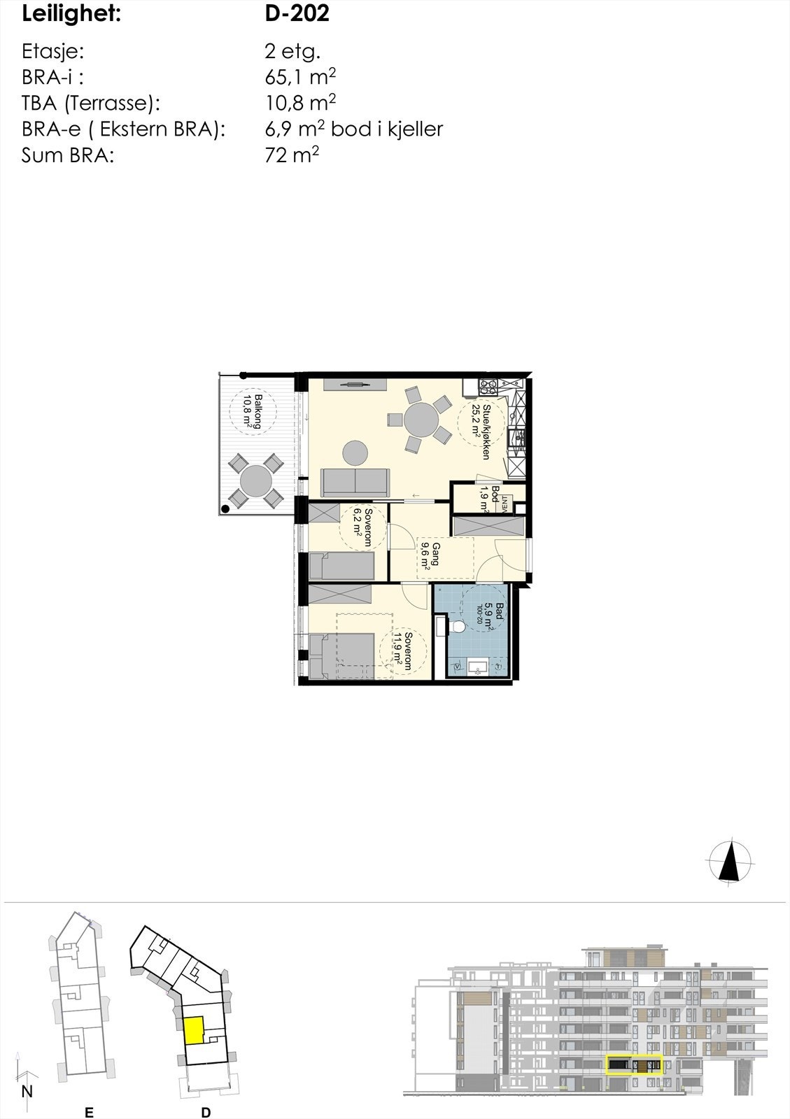 Plantegning leil D-202 - planløsning: entre, bad, to soverom, åpen stue/kjøkkenløsning med tilkomst til balkong, samt innvendig bod. I tillegg medfølger det 1 parkeringsplass og 1 bod i byggets underetg. Galleribilde