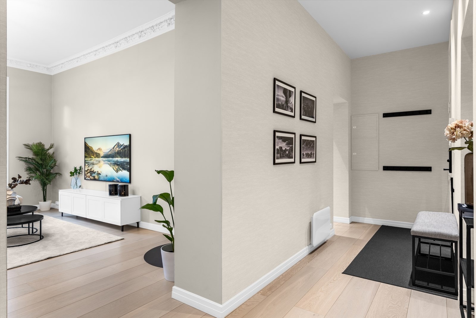 Entréen og gangen er tapetsert med en eksklusiv lintapet av typen Casamance Le lin. Sikringsskapet og multimediaskapet i entrén er også tapetsert. Plass til knaggrekke og skohylle. Galleribilde