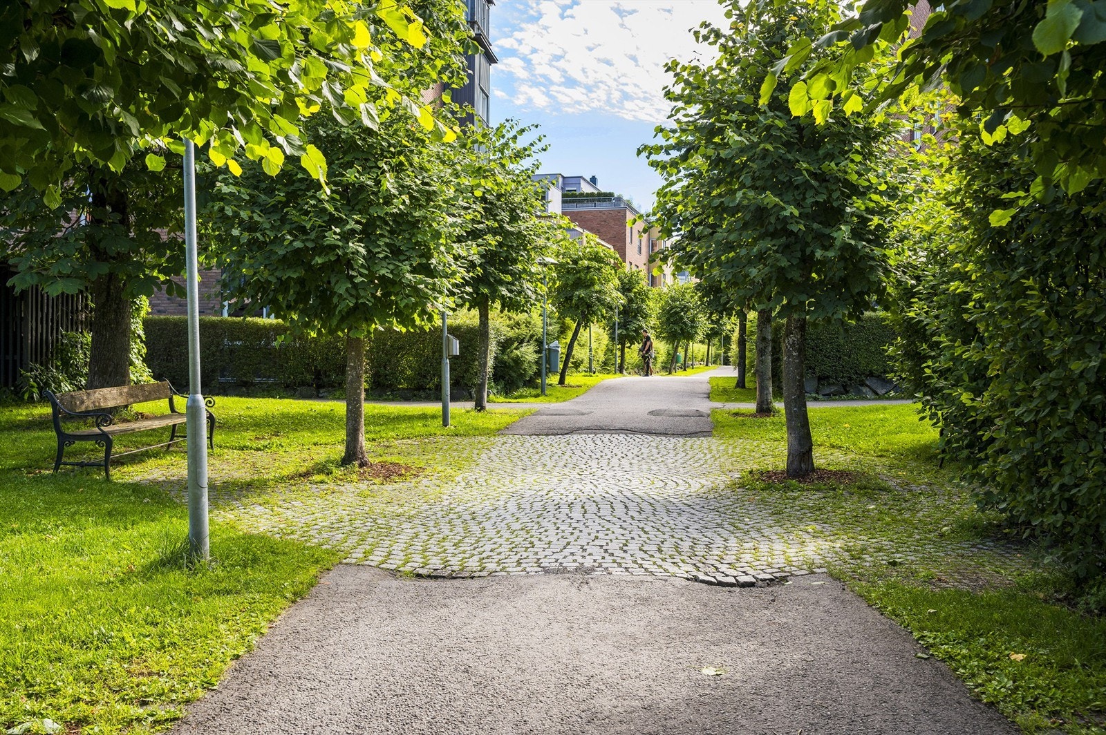 Hyggelige gangstier gjennom et bilfritt og barnevennlig bomiljø. Galleribilde