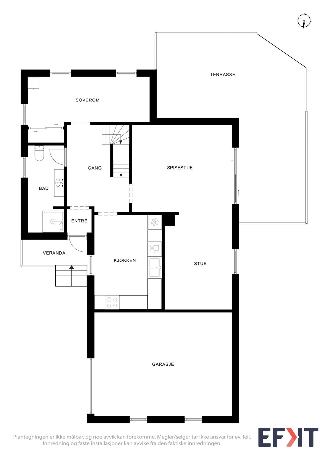 Første etasje har en praktisk planløsning med entré, stue, kjøkken, bad og et soverom. Galleribilde