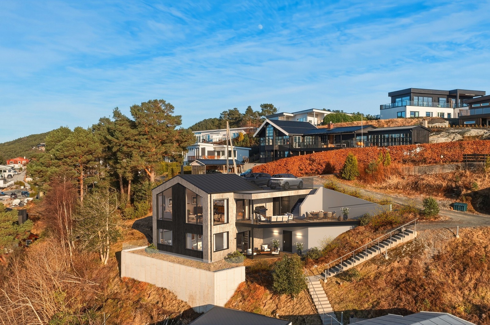 Illustrasjon av boligen sett fra utsiktssiden. Galleribilde