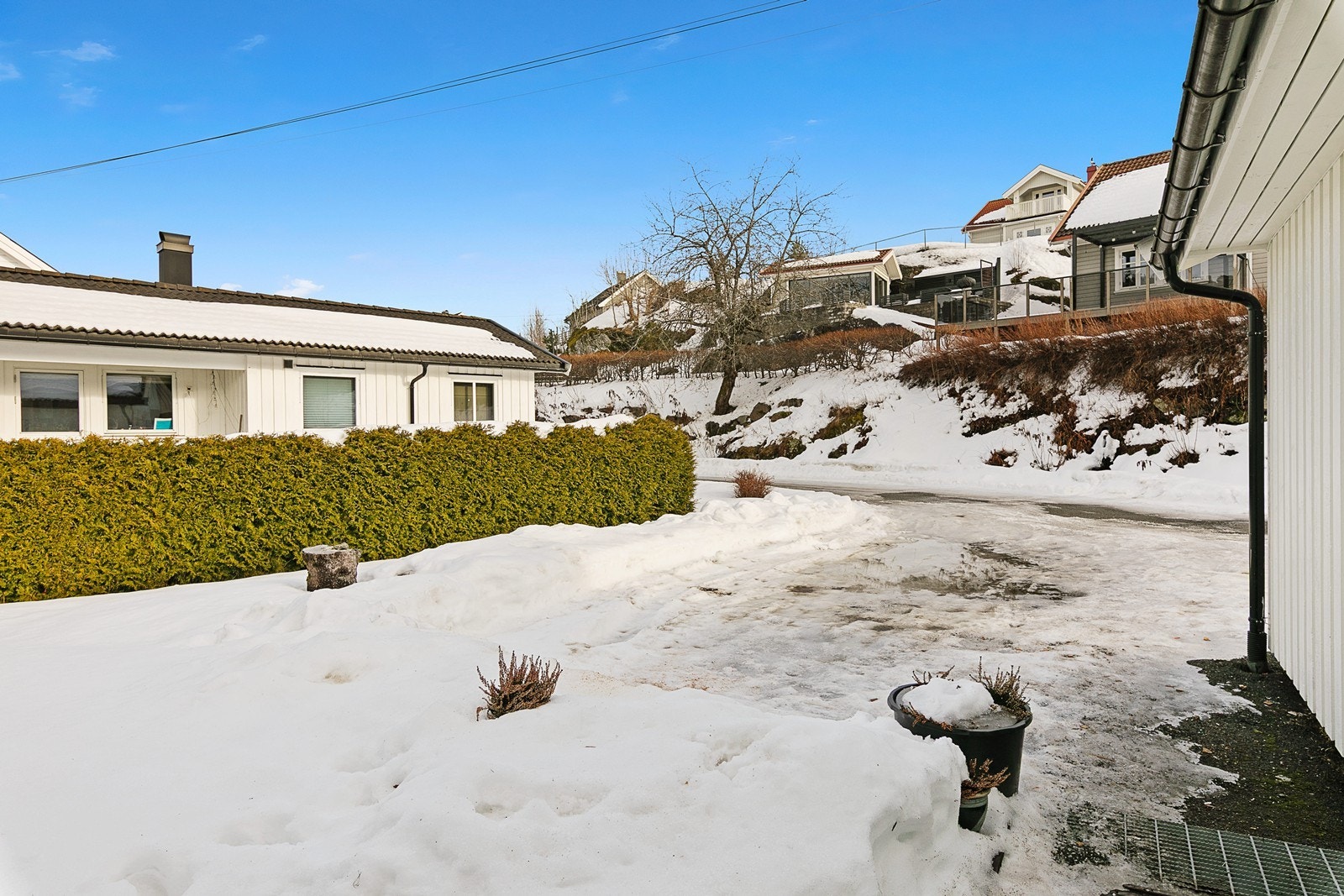 Pent opparbeidet tomt med gruset adkomstvei og asfaltert tun. Galleribilde