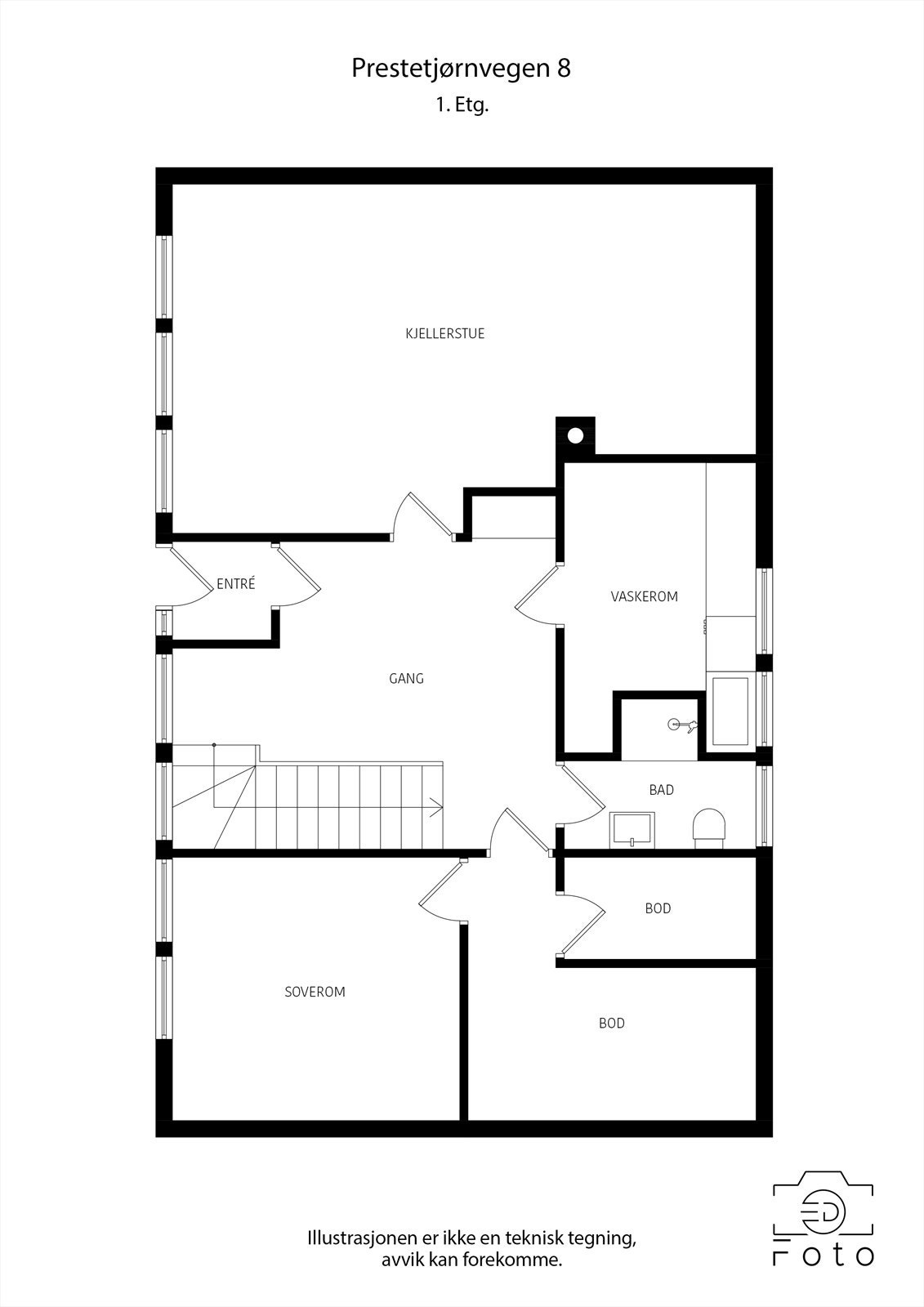Illustrasjon 1. etasje - (Soverom og kjellerstue er byggemeldt som hobbyrom og diverse) Galleribilde