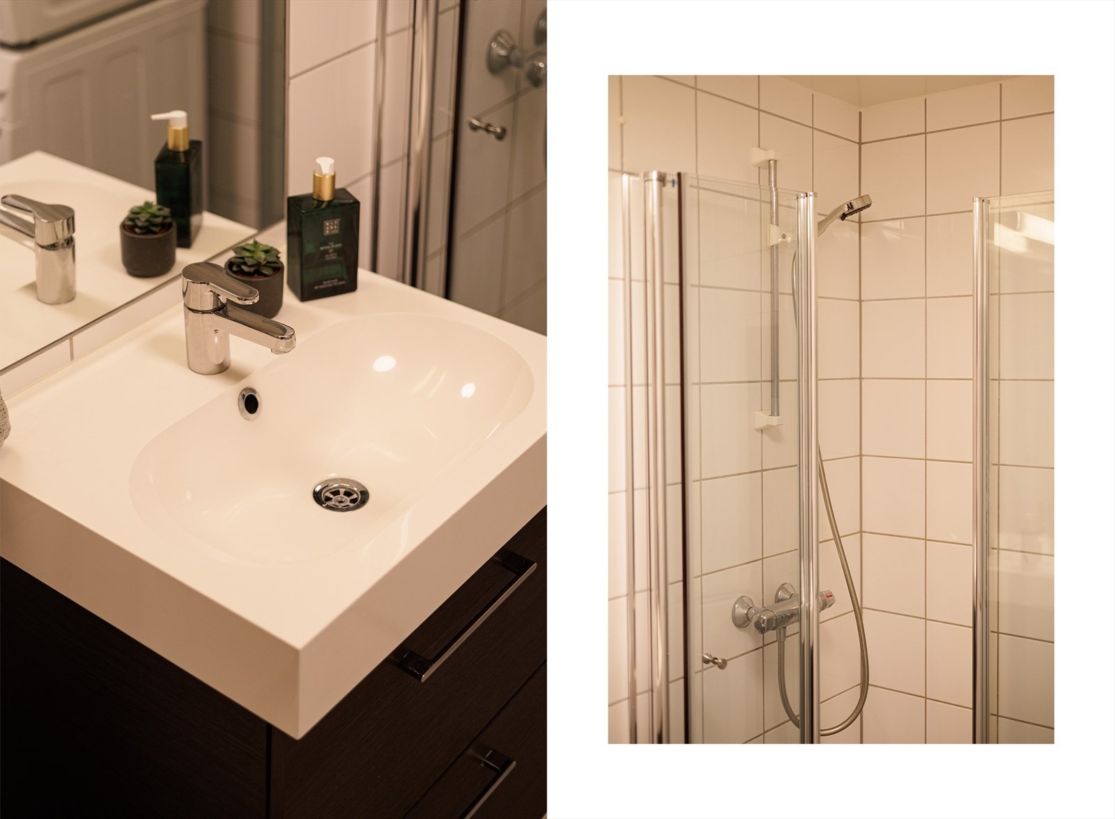 Dusjsonen har innfellbare dører i herdet glass, og rommet er utstyrt med gulvstående toalett. Det er også opplegg for vaskemaskin og plass til tørketrommel. Galleribilde