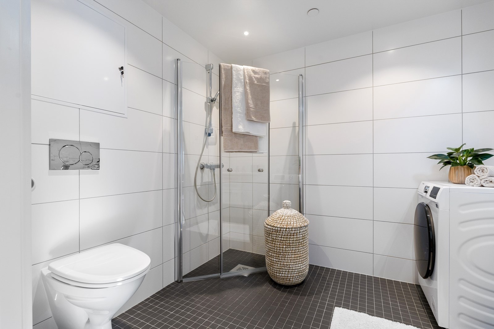 Rommet for velvære er utstyrt med dusjhjørne, mekanisk avtrekk, veggmontert toalett, rørfordelerskap, servant i skap og opplegg for vaskemaskin. Galleribilde