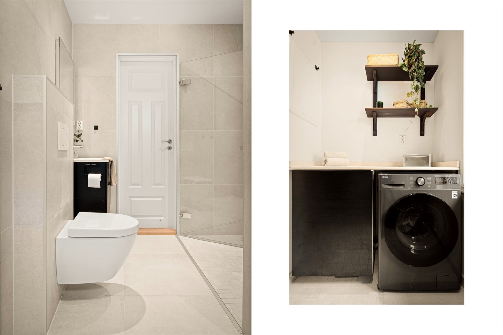 Innredet med vegghengt servantinnredning, speil med sidelys, dusjhjørne og vegghengt toalett. Opplegg for vaskemaskin og varmtvannsbereder plassert i skap. Galleribilde