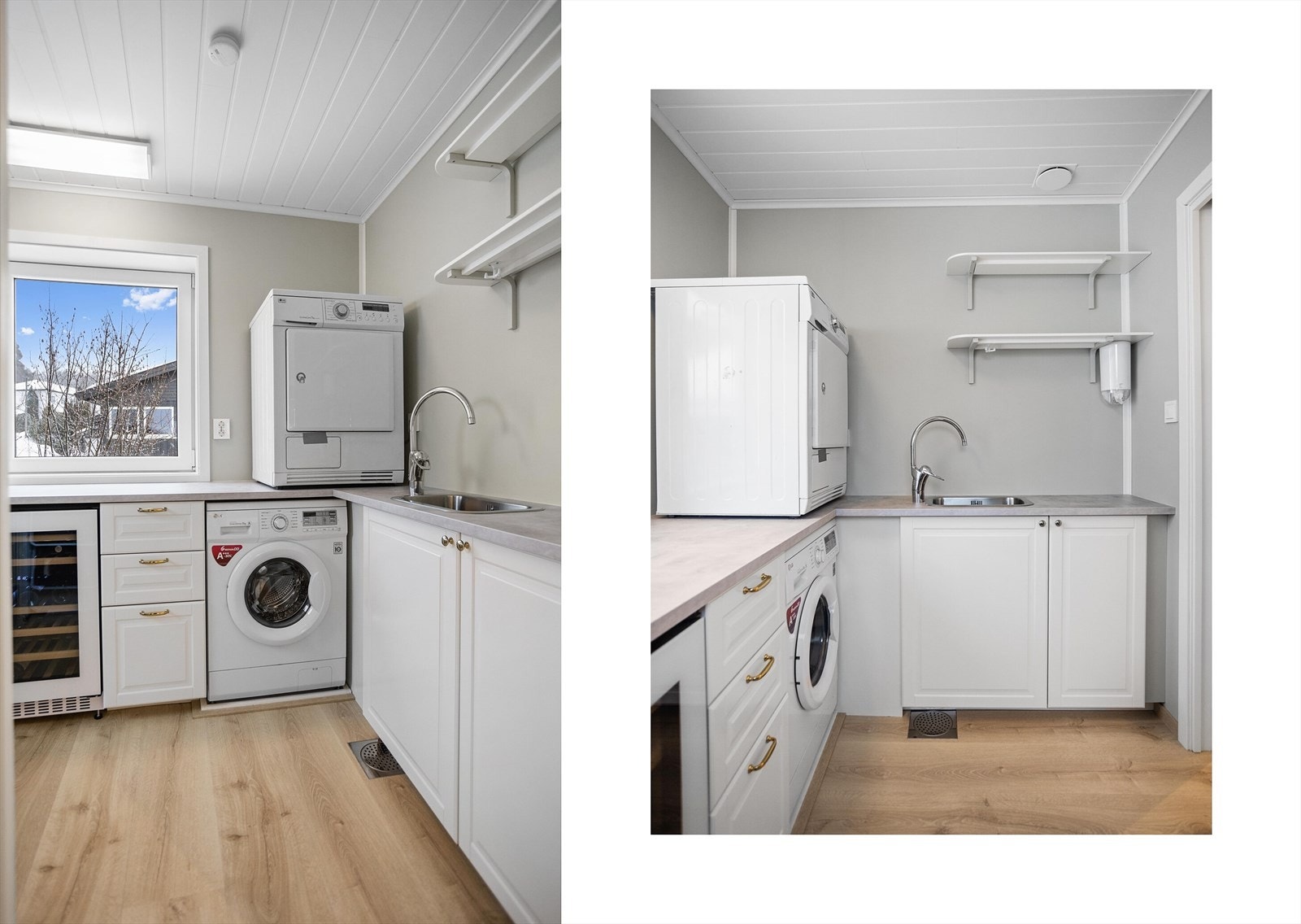 Innenfor kjøkkenet er det grovkjøkken/vaskerom med bla. integrert vinskap og opplegg for vaskemaskin. Rommet ble oppgradert med nytt gulv, nye vegger og innredning i 2025. Galleribilde