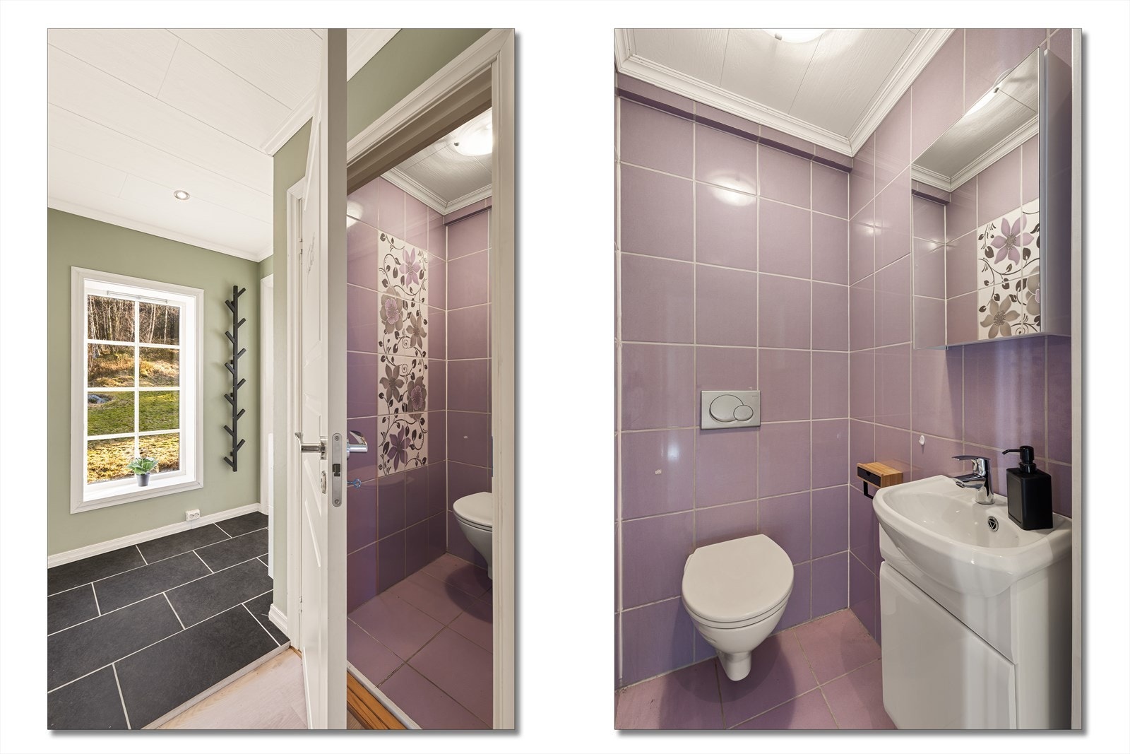 Helfliset toalettrom med vegghengt toalett og servant Galleribilde