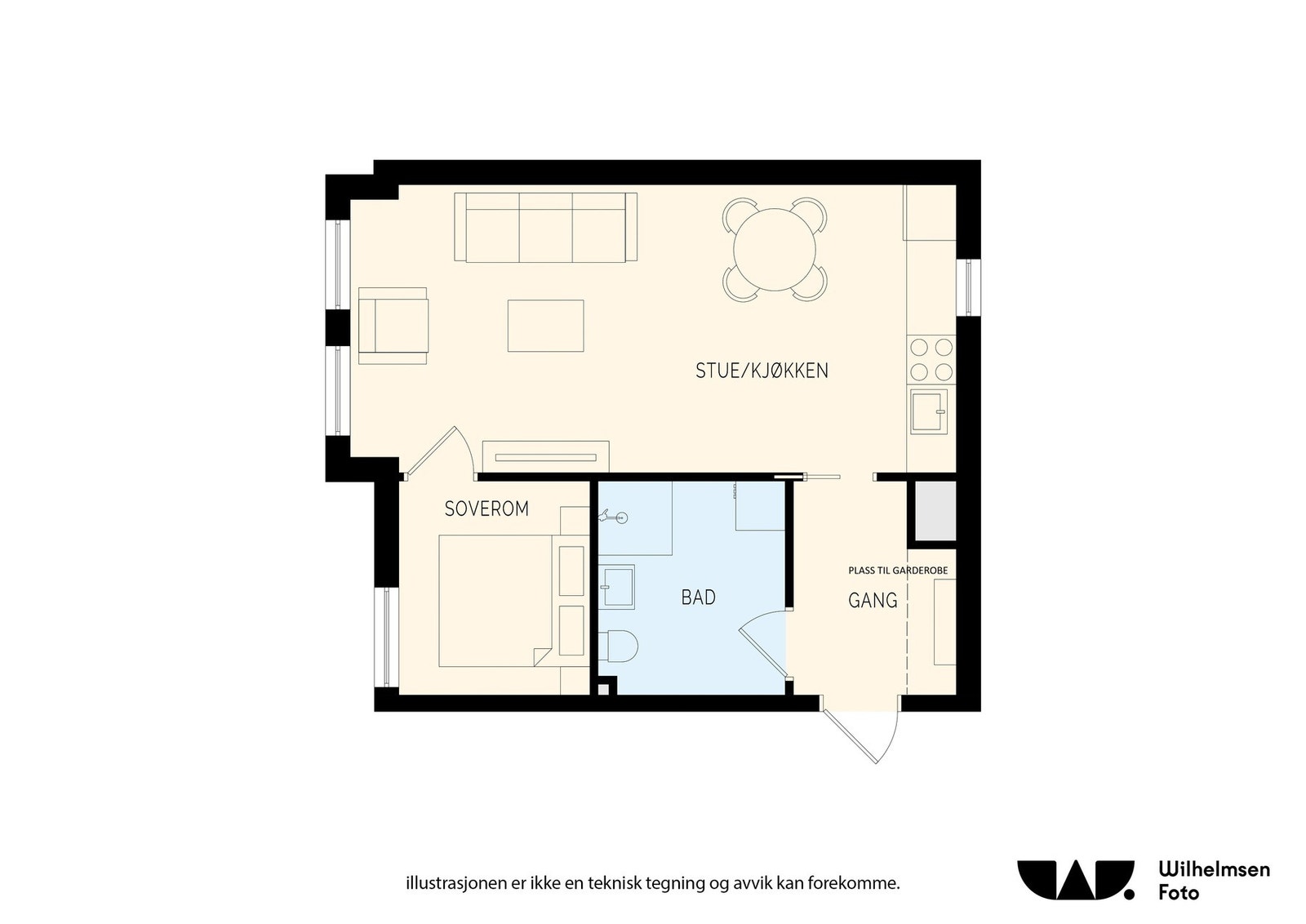 Entré/gang (4,7 m²), bad (6,1 m²), soverom (6,1 m²) og stue/kjøkken (25,9
m²). Ekstern bod på 2.3 m² kommer i tillegg. Galleribilde