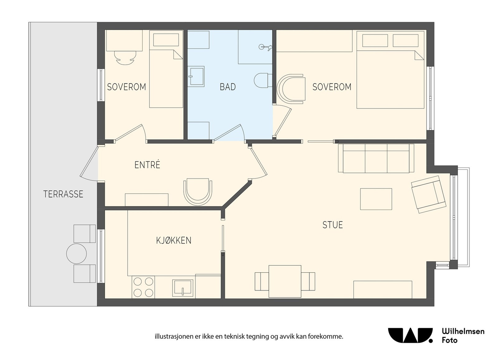 Plantegning - merk at det ene soverommet er registrert som bod på byggetegninger og er ikke omsøkt Galleribilde