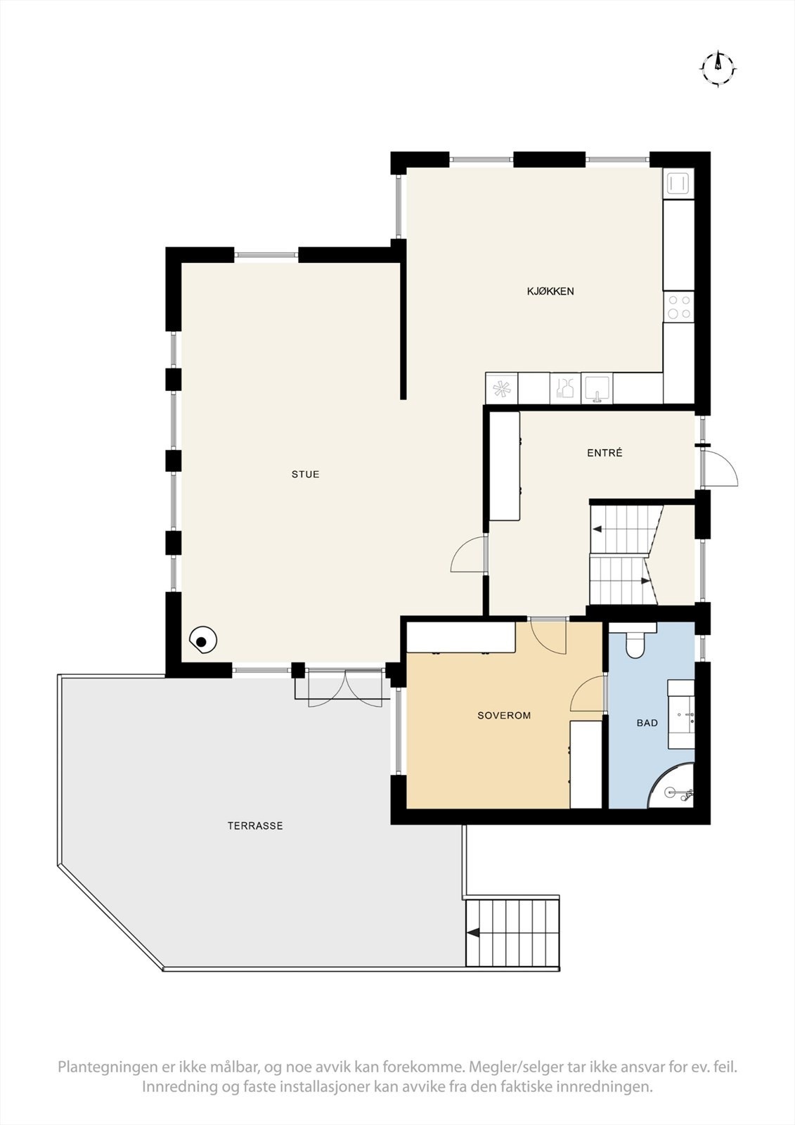 1. etasje har en sosial planløsning med stue, kjøkken, ett soverom og bad. Galleribilde