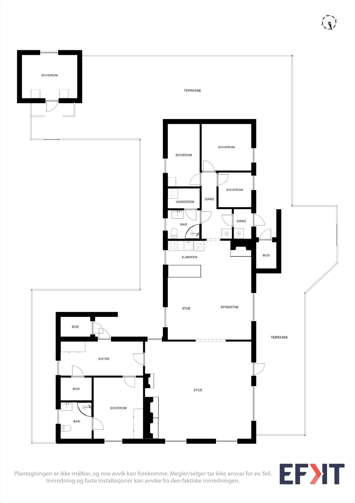 Hytta har en innholdsrik planløsning over ett plan med fire soverom, to stuer og anneks. Galleribilde