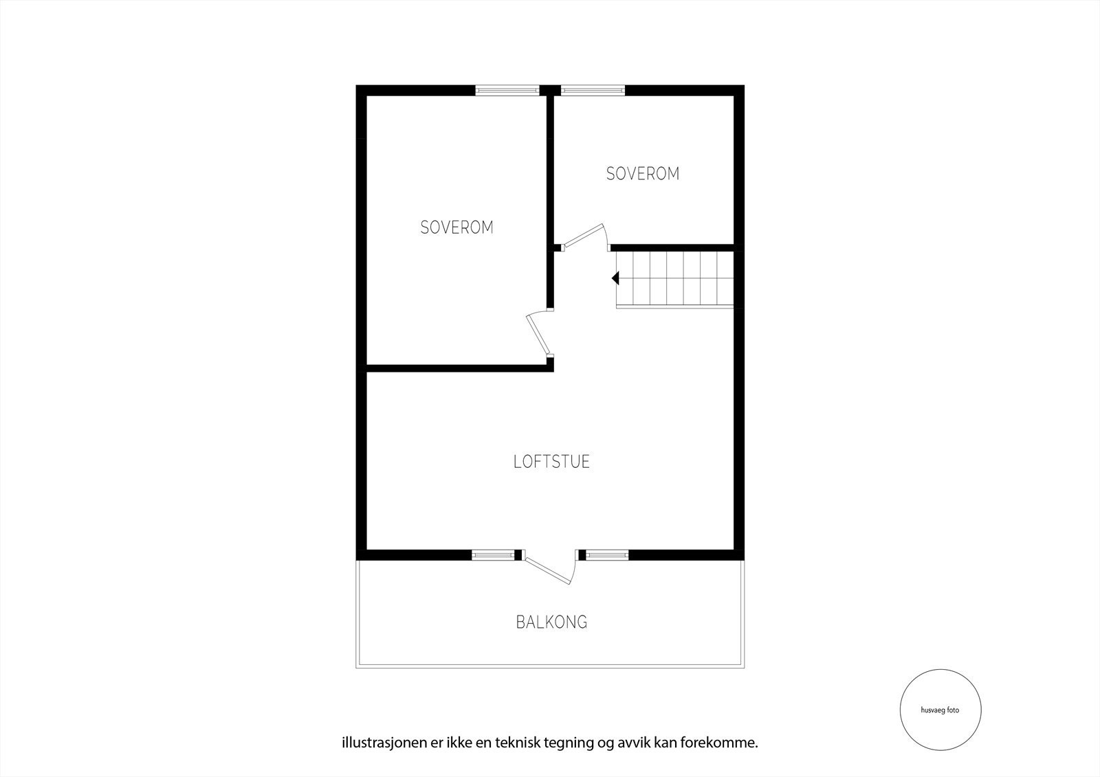 Loftsetasjen rommer en loftstue og to soverom i tillegg til utgang til balkong. Galleribilde