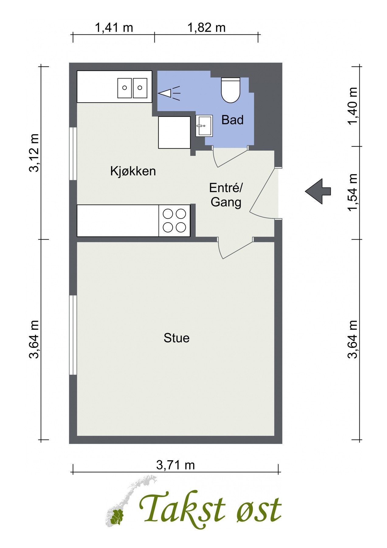 Plantegning. I tillegg disponerer leiligheten en kjellerbod på 4,3 kvm og en loftsbod med gulvareal på ca. 14 kvm. Galleribilde