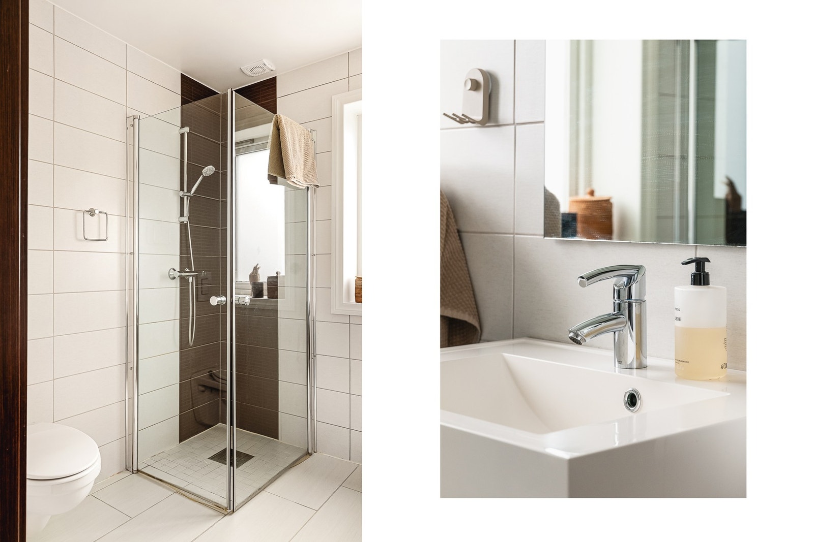 Rommet inneholder vegghengt toalett, helstøpt servant, skuffer under servant med slette fronter, dusjdører i klart glass og opplegg for vaskemaskin. Galleribilde