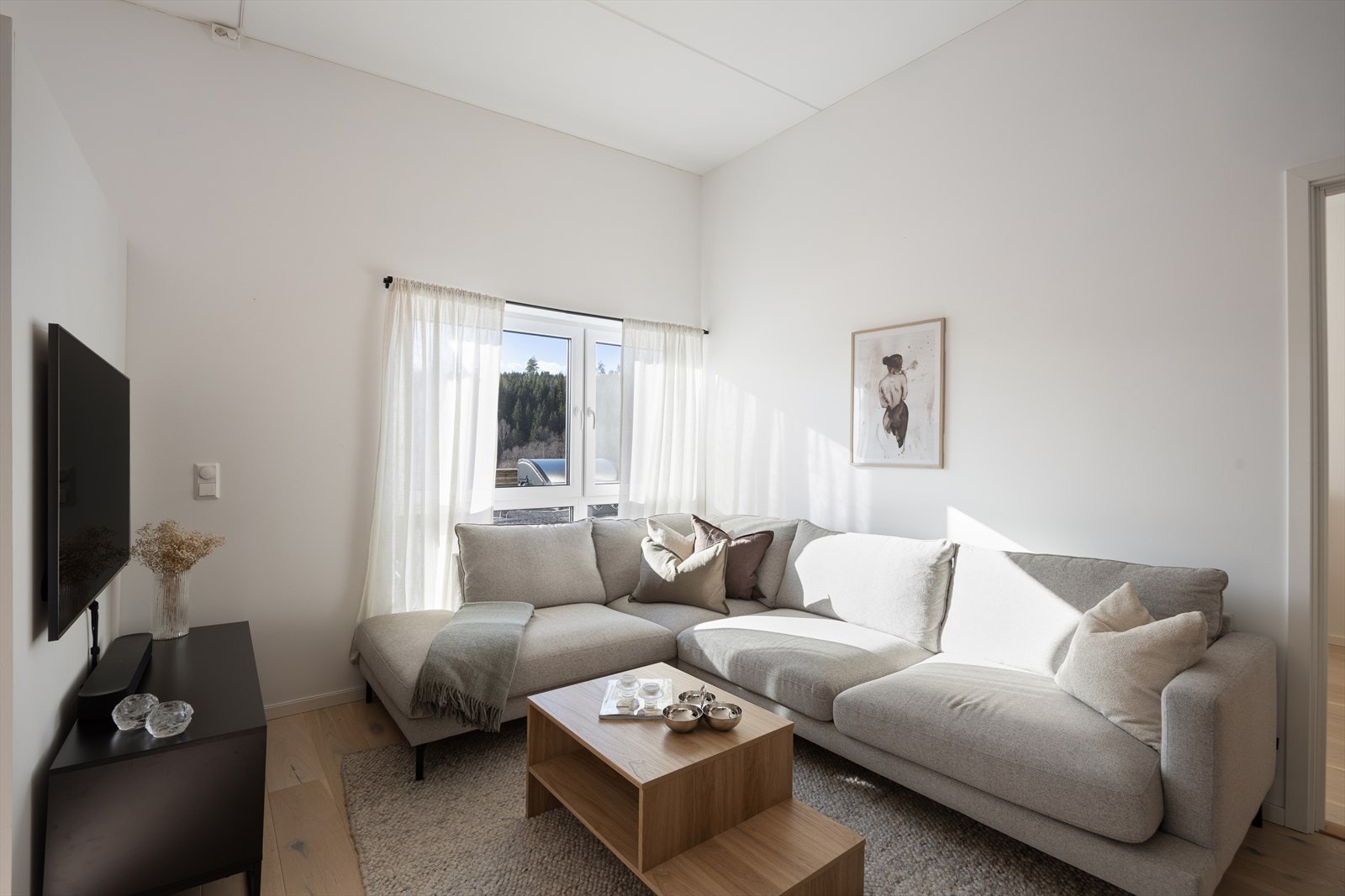 Det er god plass til en romslig sofagruppe og TV Galleribilde