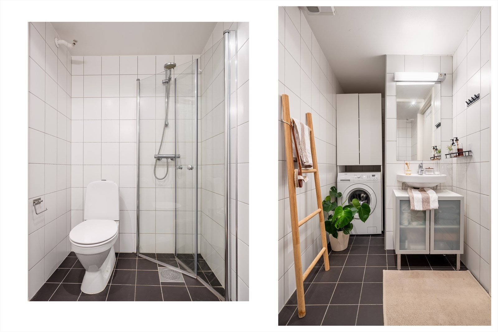 Badet er innredet med servant, servantskap, høyskap, toalett og dusjhjørne. Det er opplegg for vaskemaskin i hjørnet. Galleribilde